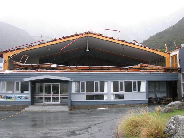 Wind damage at the Mount Cook Backpacker Lodge